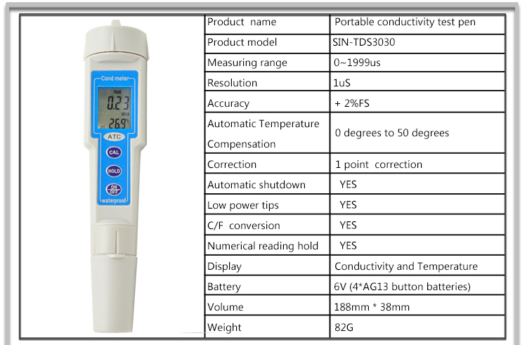 0-1999 uS Digital Conductivity Meter/Tester Water DTS-3030