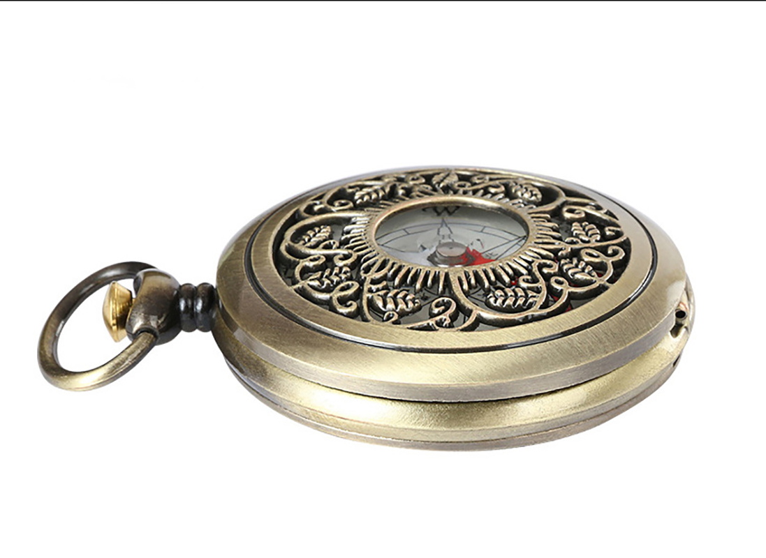 pocket watch with hollowed out flap and antique copper compass