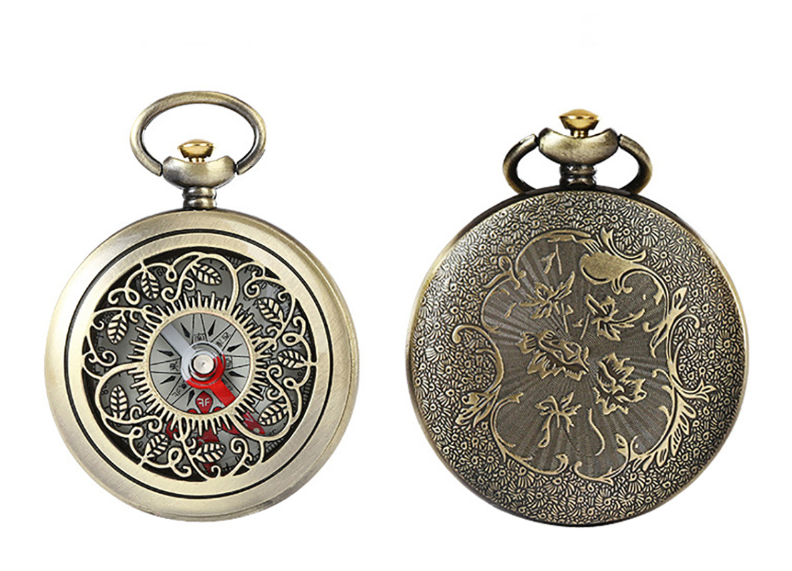 pocket watch with hollowed out flap and antique copper compass - Click Image to Close