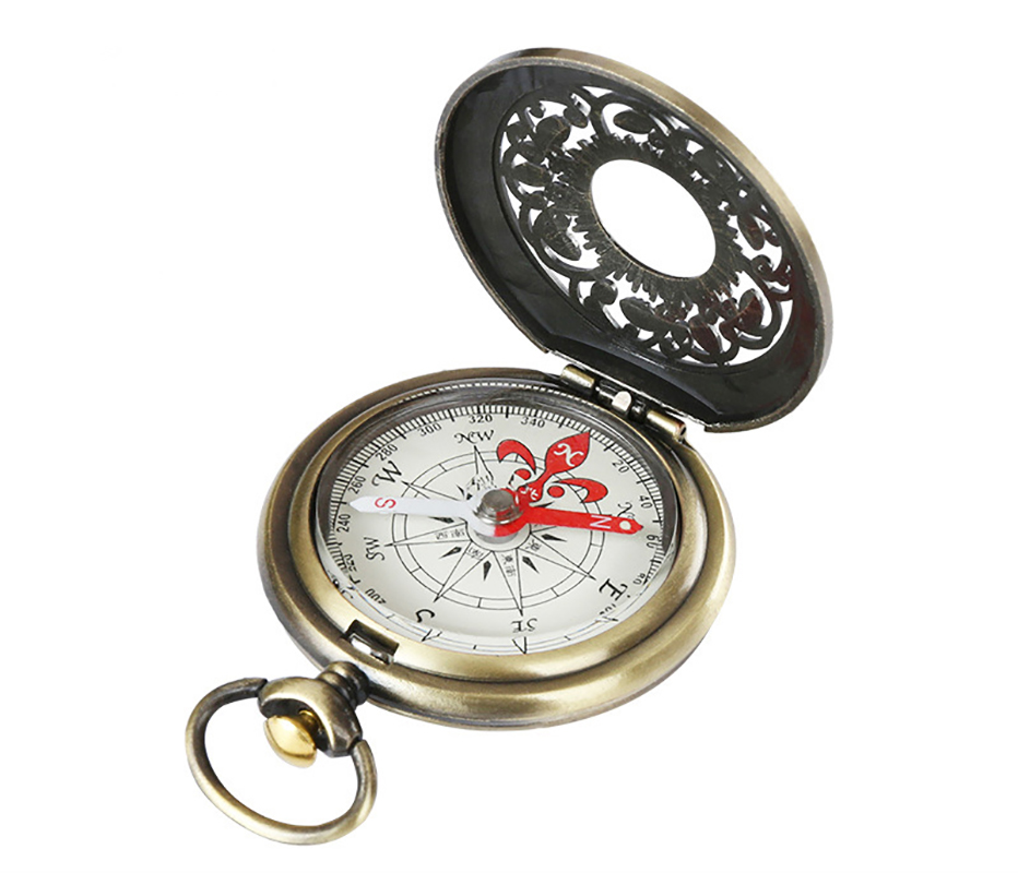 pocket watch with hollowed out flap and antique copper compass